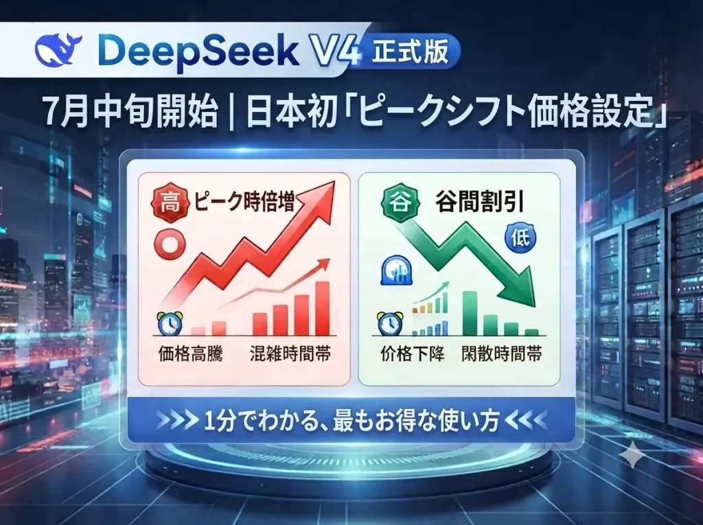 DeepSeek V4 正式版、7月中旬リリース：初の「ピーク／オフピーク料金」導入、ピーク時は2倍。お得な使い方を徹底解説
