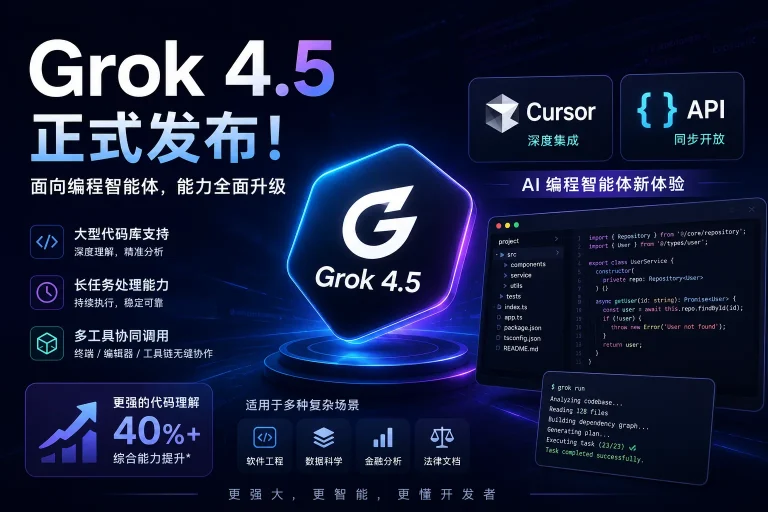 Grok 4.5 正式发布！支持 Cursor 与 API，大型代码库和 AI 编程智能体能力再升级