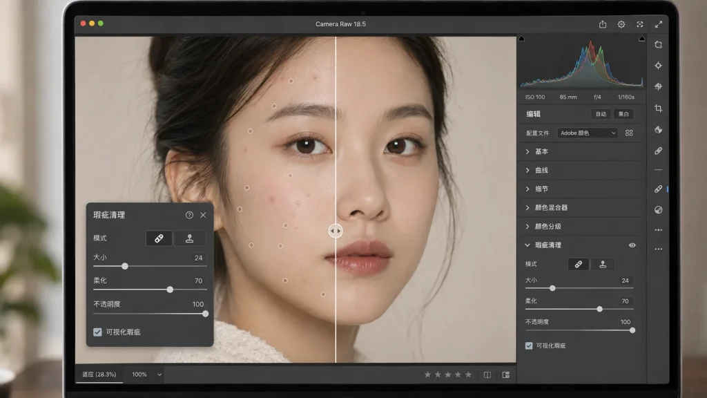 修照片又多了一个帮手，Camera Raw 18.5新增AI瑕疵清理功能