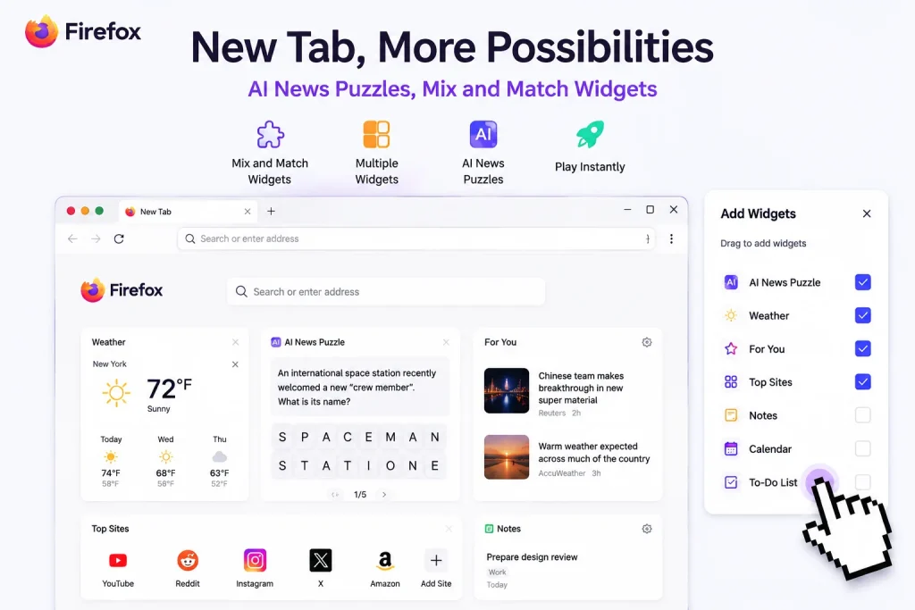 Firefox Adds AI News Puzzles and Custom Widgets to Make New Tabs More Fun