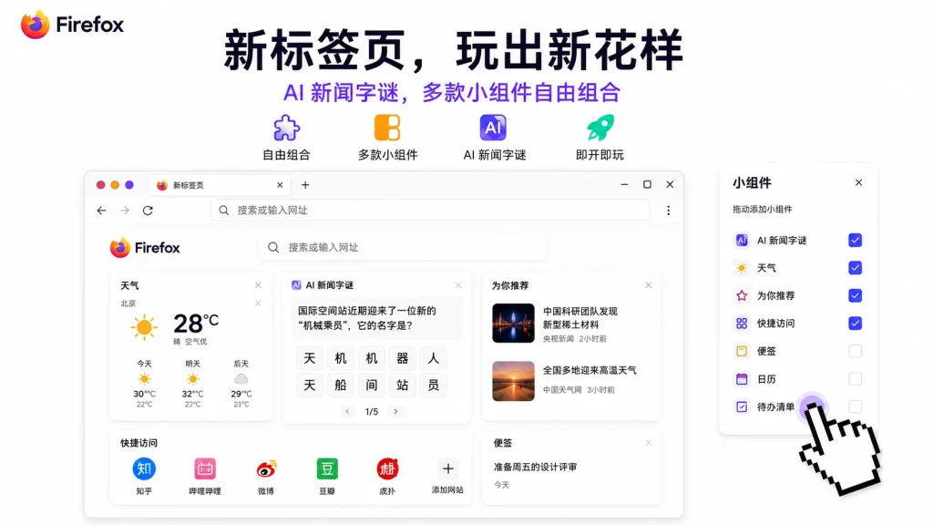 Firefox给新标签页添“新花样”：新闻、字谜和小组件自由组合
