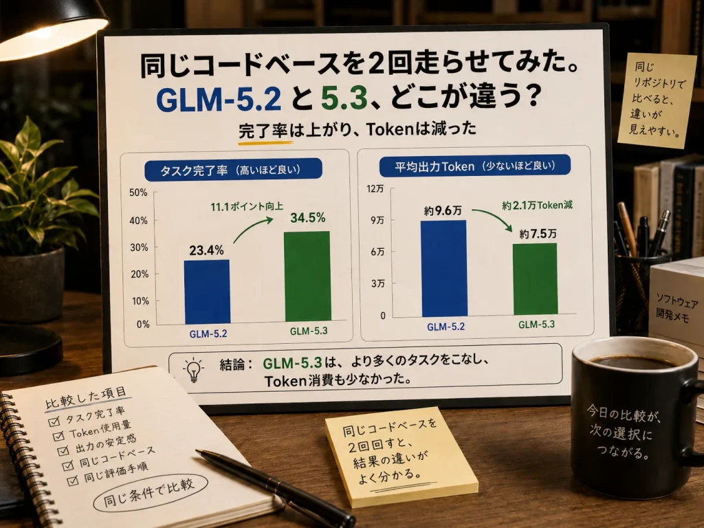 同じコードをGLM-5.2と5.3で試してみた。違いは「賢さ」より、むしろ仕事の進め方だった