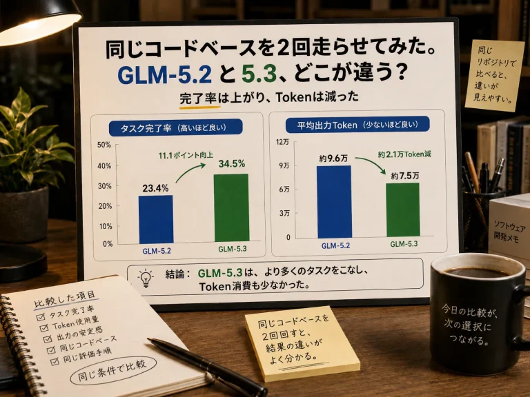 同じコードをGLM-5.2と5.3で試してみた。違いは「賢さ」より、むしろ仕事の進め方だった